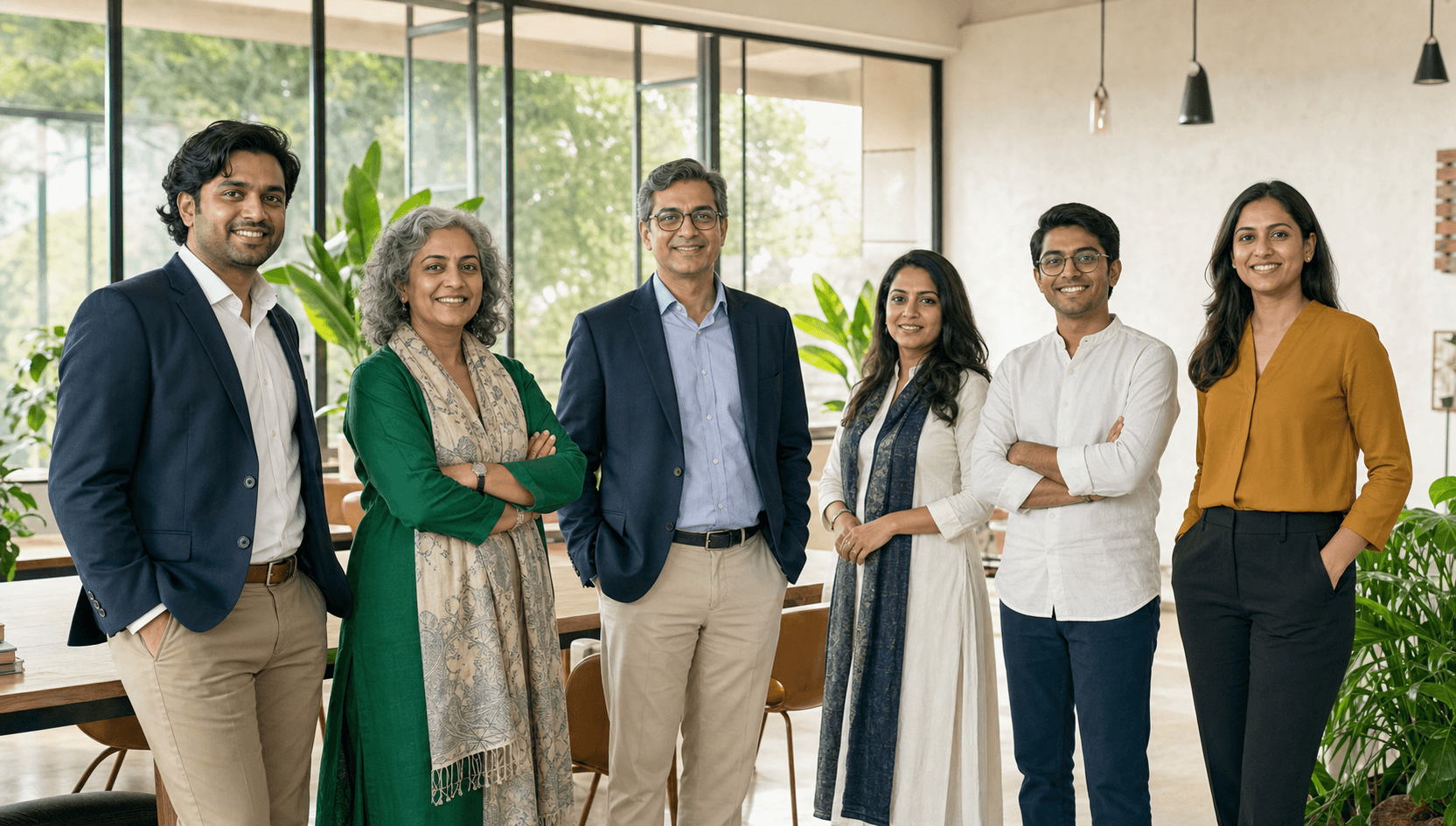 A diverse Ecovijay leadership and advisory team in a bright Indian workspace.