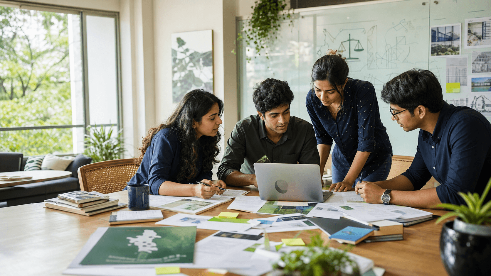 A group of Indian legal interns collaborating on sustainability and governance research.
